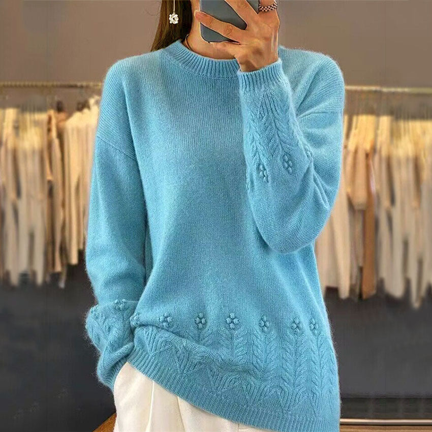Women's Round Neck Solid Color Sweater Top Vintage Crocheted Pullover