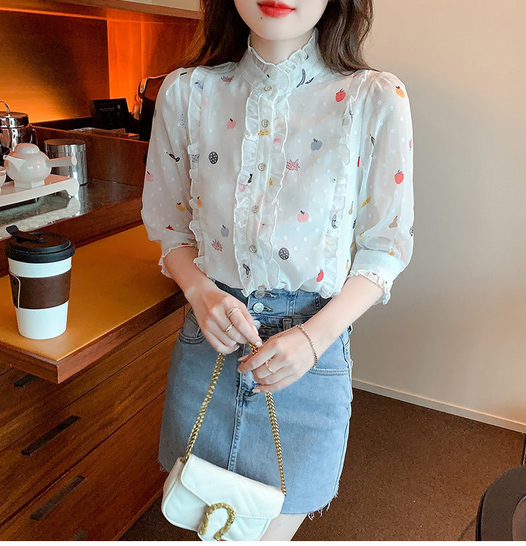 Women's Fashion Stand Collar Ruffle White Shirt