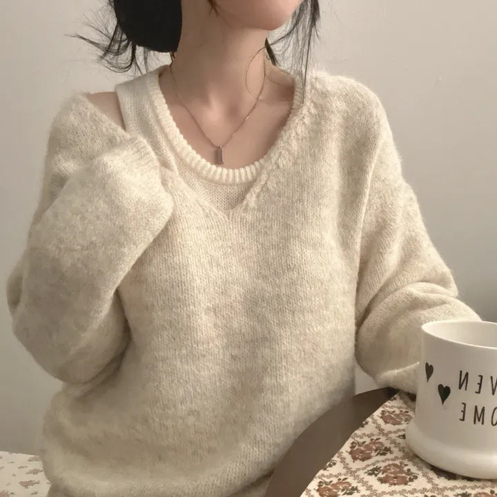 Inner Knitted Vest Loose-fitting Long Sleeve Sweater Two-piece Set