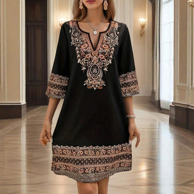 Women's V-Neck Middle Eastern Style Floral Print Midi Dress - Elegant Sleeve Design Lightweight Perfect For Spring&Summer Vacation & Daily Wear