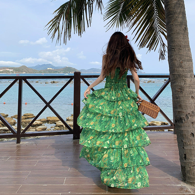 Top Waist Ruffled Women's Printed Dress