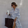 Autumn Casual Print Vacation Loose Dress Women Fashion V-neck Flare Sleeve Elegant Ruffle Shirt Dress Female Vintage Loose Dress
