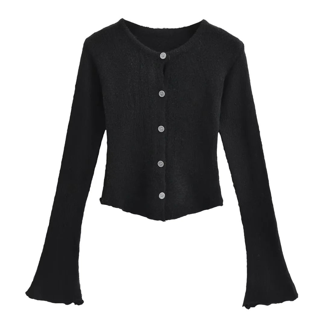 Women's Round Neck Single-breasted Bell-sleeve Sweater
