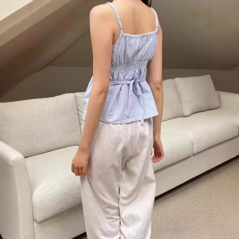 Blue And White Striped Lace V-neck Lace-up Camisole