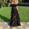 Women's Off-shoulder Ruffled Hollow Wide Hem Lace Dress