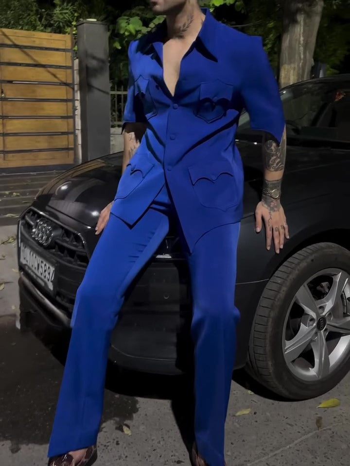 Blue Short - Sleeve Suit With Heart - Shaped Pocket Details