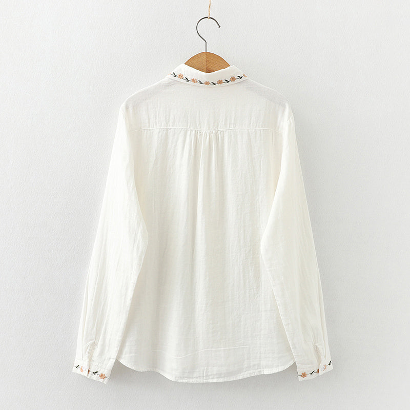 Women's Elegance Doll Collar Embroidered Pleated Long Sleeve Shirt