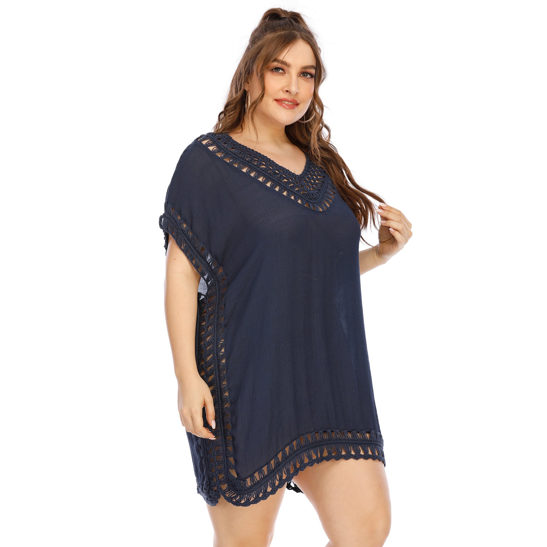 Women's Handmade V-neck Patchwork Solid Color Beach Dress