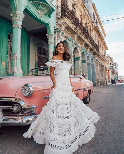 Women's Off-shoulder Ruffled Hollow Wide Hem Lace Dress