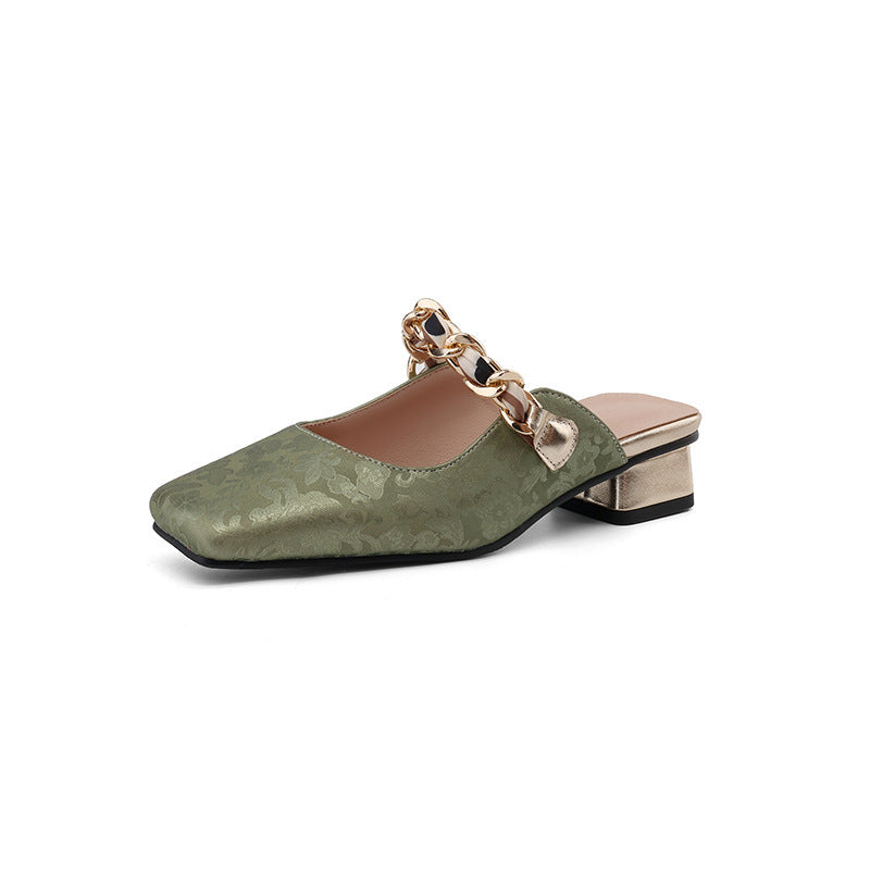 Low Heel Square Head 32-43 National Style Metal Chain Outdoor Slippers