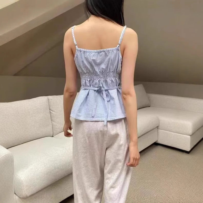 Blue And White Striped Lace V-neck Lace-up Camisole