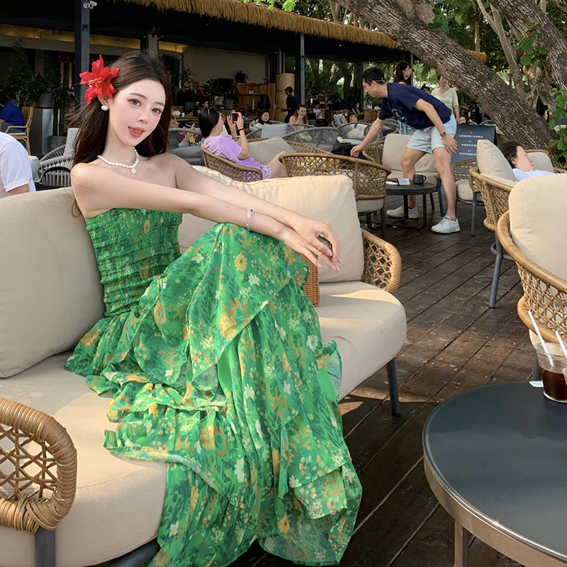 Top Waist Ruffled Women's Printed Dress