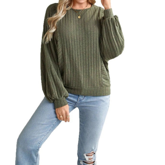 Round Neck Solid Color Rib Fabric Loose Long Sleeve Top Women's Clothing