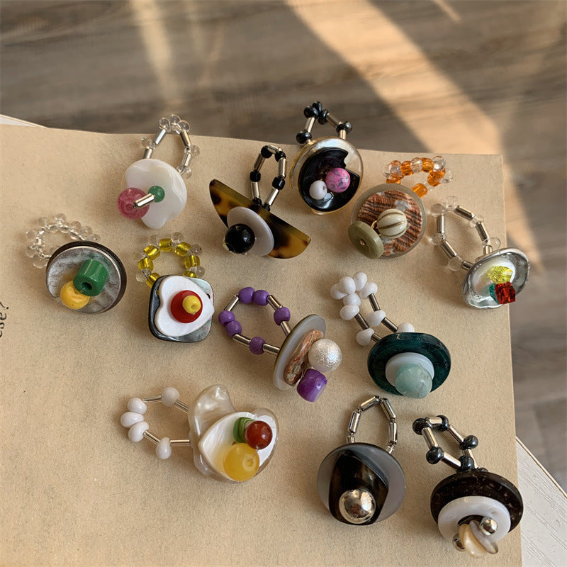 Multi-Element Vintage Beaded Ring For Women Trendy Light Luxury Minority Design