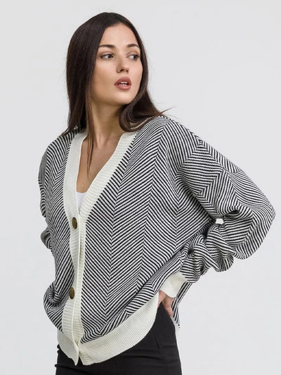 Contrast Striped Sweater Jacket, Long Sleeved Top