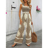Women's Summer Boho Jumpsuits One Piece Beach Vacation Outfits Shirred Strap Wide Leg Pants Rompers With Pockets