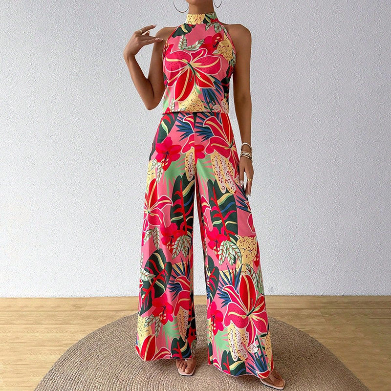 Women's Summer 2 Piece Outfits Floral Print Halter Neck Sleeveless Top Wide Leg Pants Set Jumpsuits