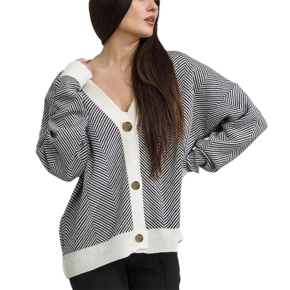 Contrast Striped Sweater Jacket, Long Sleeved Top