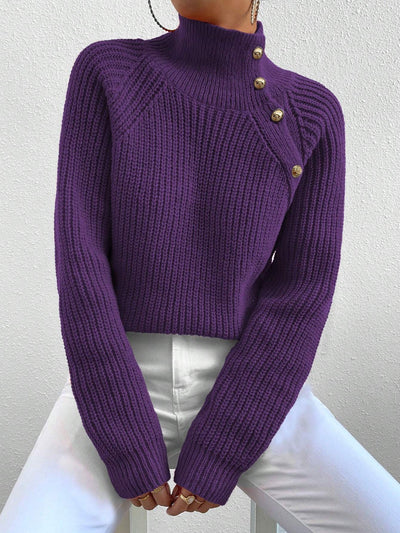 Women Casual Solid Color High Neck Raglan Sleeve Button Decor Pullover Sweater