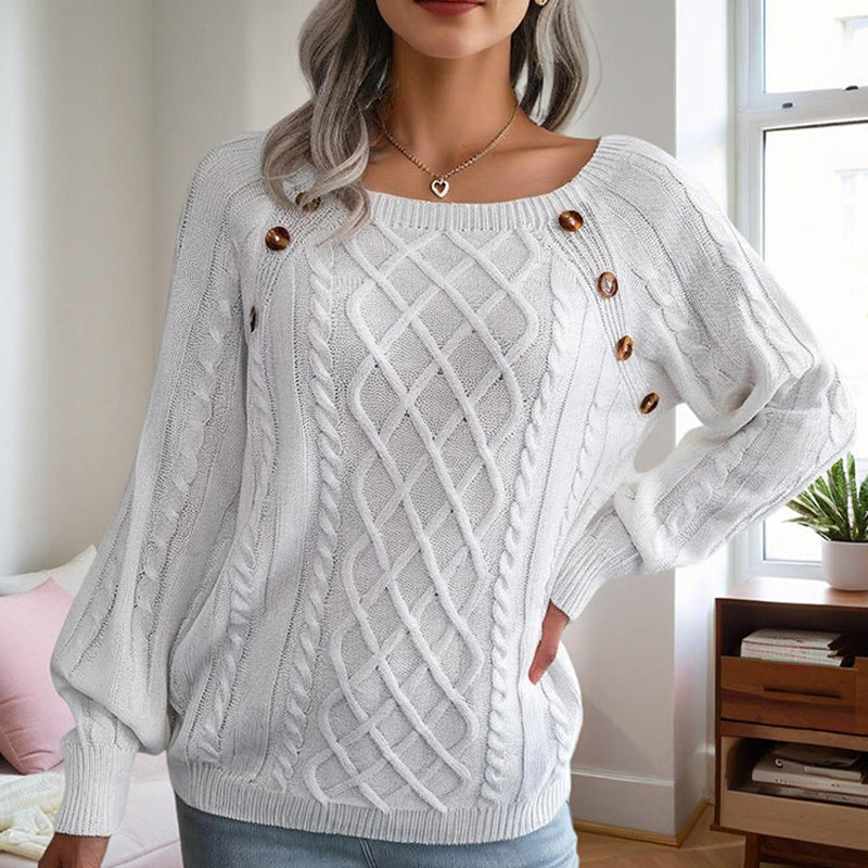 Women's Solid Color Casual Square Neck Button-Detail Knit Top -