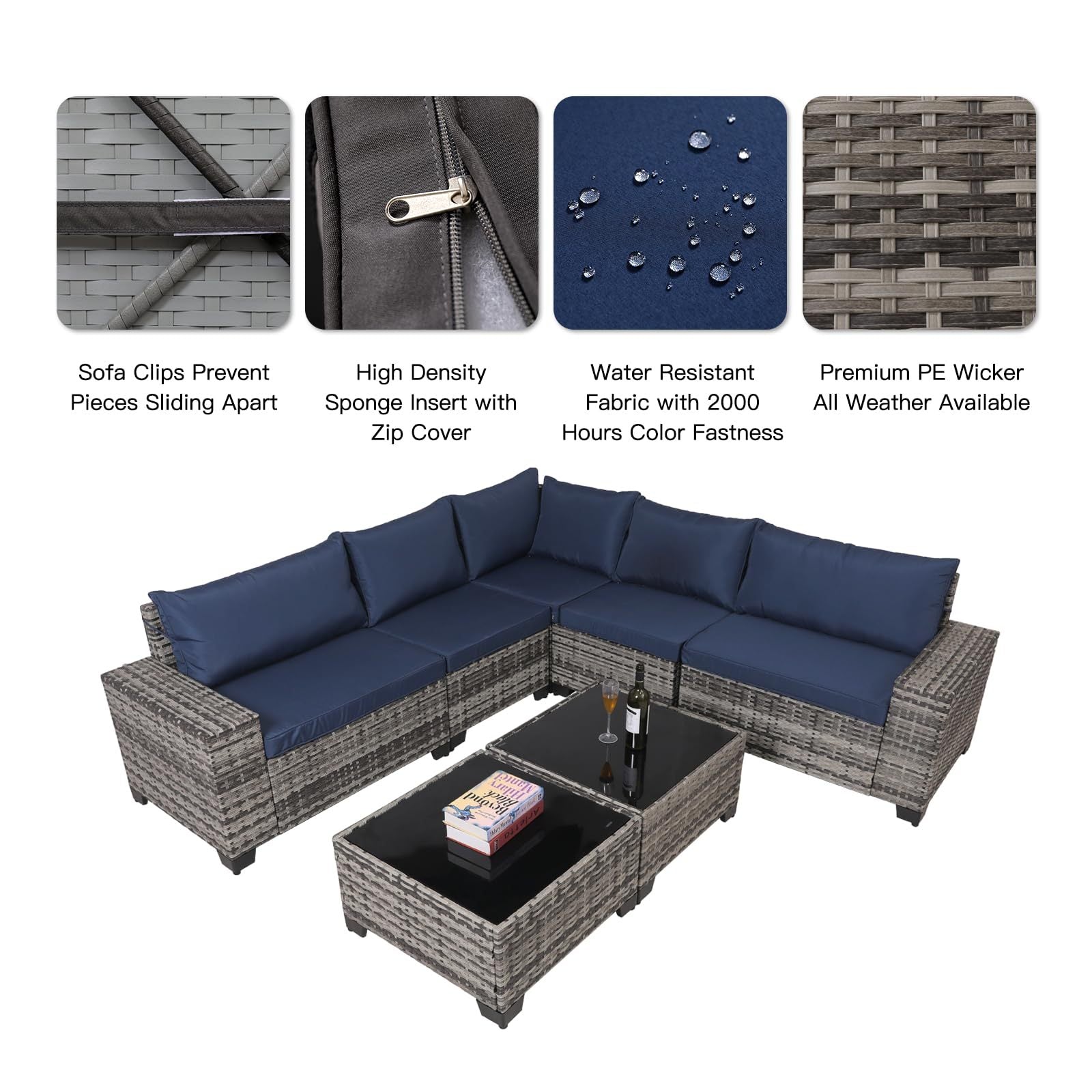 7-Piece Outdoor Patio Furniture Sets, All-Weather Wicker Rattan Sectional Sofa, Modern Two Glass Coffee Table And Washable Seat Cushion