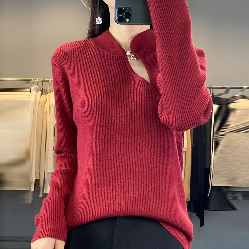 Half Turtleneck New Chinese Style Buckle Sweater Women's Sweater