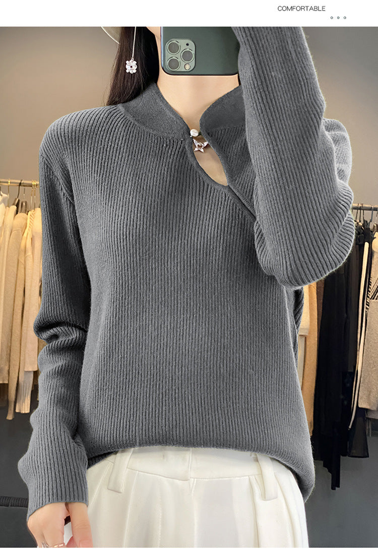 Half Turtleneck New Chinese Style Buckle Sweater Women's Sweater