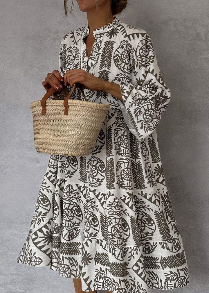 Autumn Casual Print Vacation Loose Dress Women Fashion V-neck Flare Sleeve Elegant Ruffle Shirt Dress Female Vintage Loose Dress