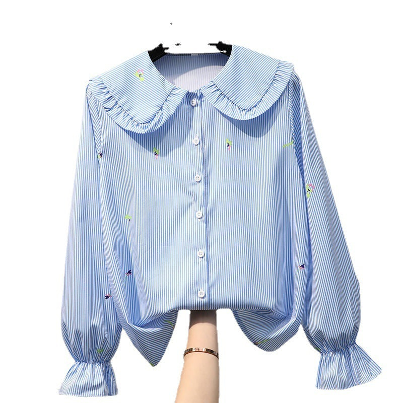 Long Sleeve Floral Loose White Shirt Doll Collar