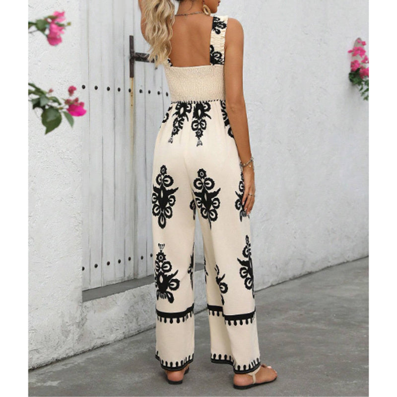 Women's Summer Boho Jumpsuits One Piece Beach Vacation Outfits Shirred Strap Wide Leg Pants Rompers With Pockets