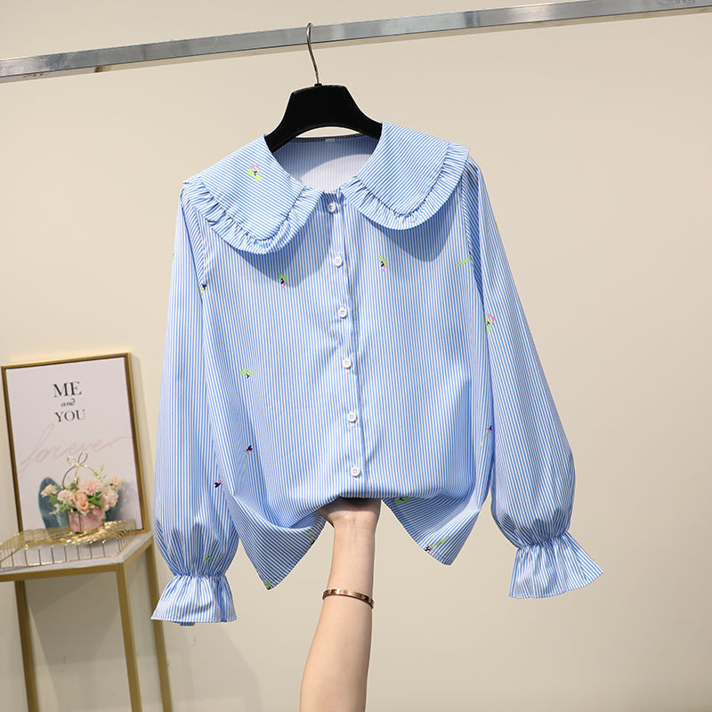 Long Sleeve Floral Loose White Shirt Doll Collar