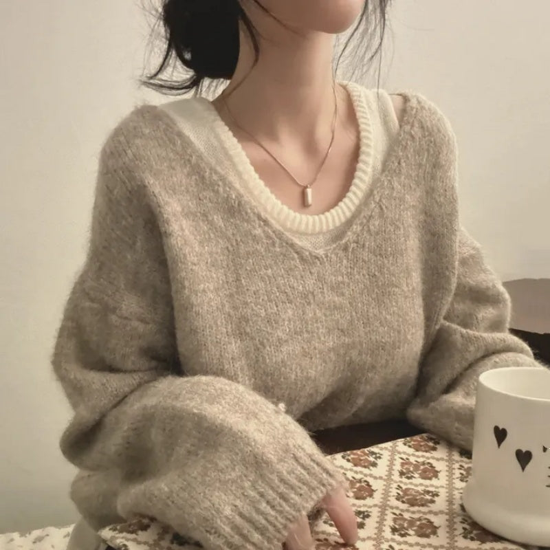 Inner Knitted Vest Loose-fitting Long Sleeve Sweater Two-piece Set