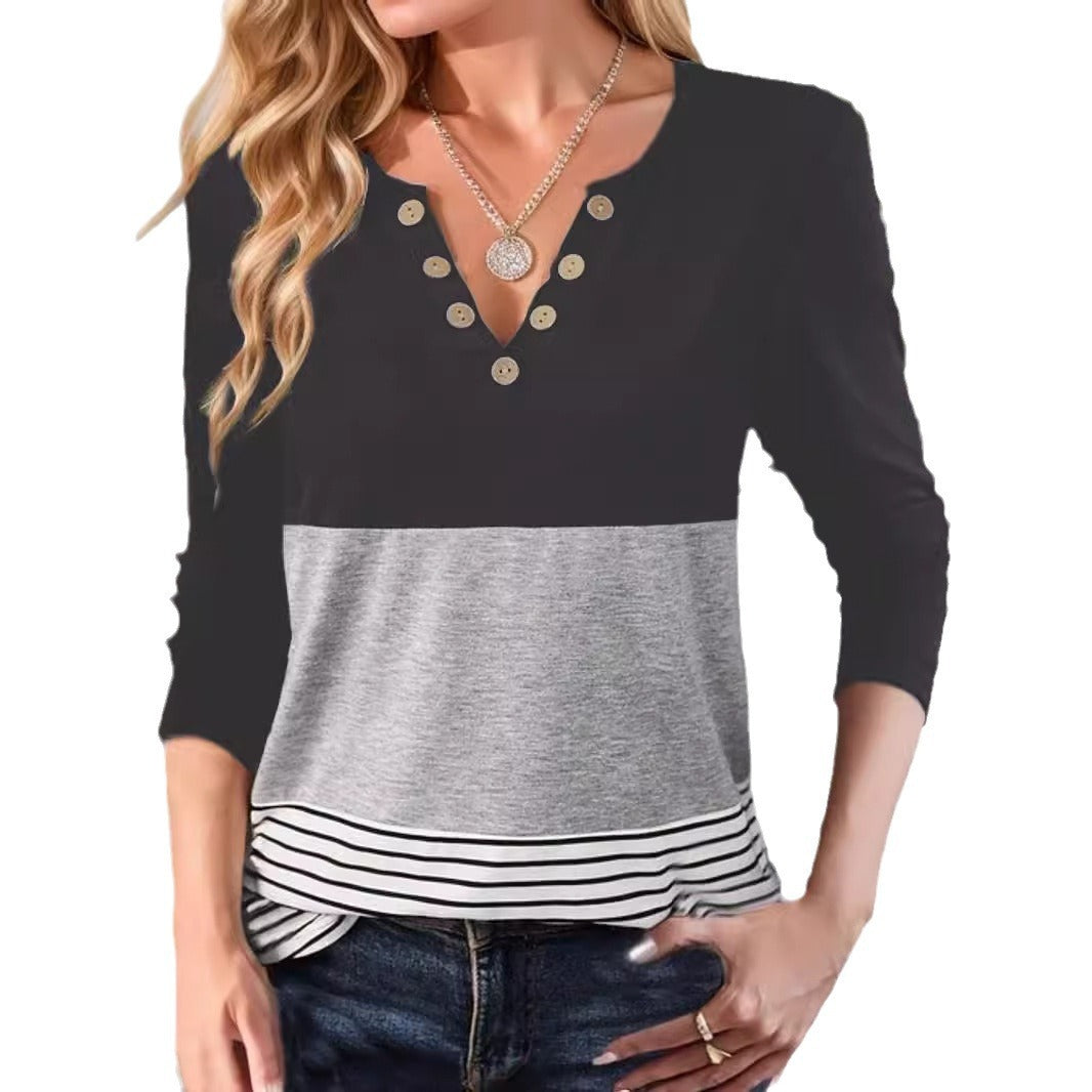Casual Printed V-neck Long Sleeve T-shirt