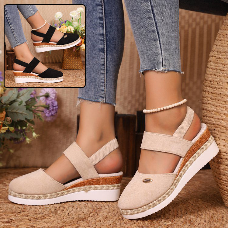 Hemp Rope Wedges Sandals Summer Lightweight Braided Closed Toe Elastic Band Shoes For Women