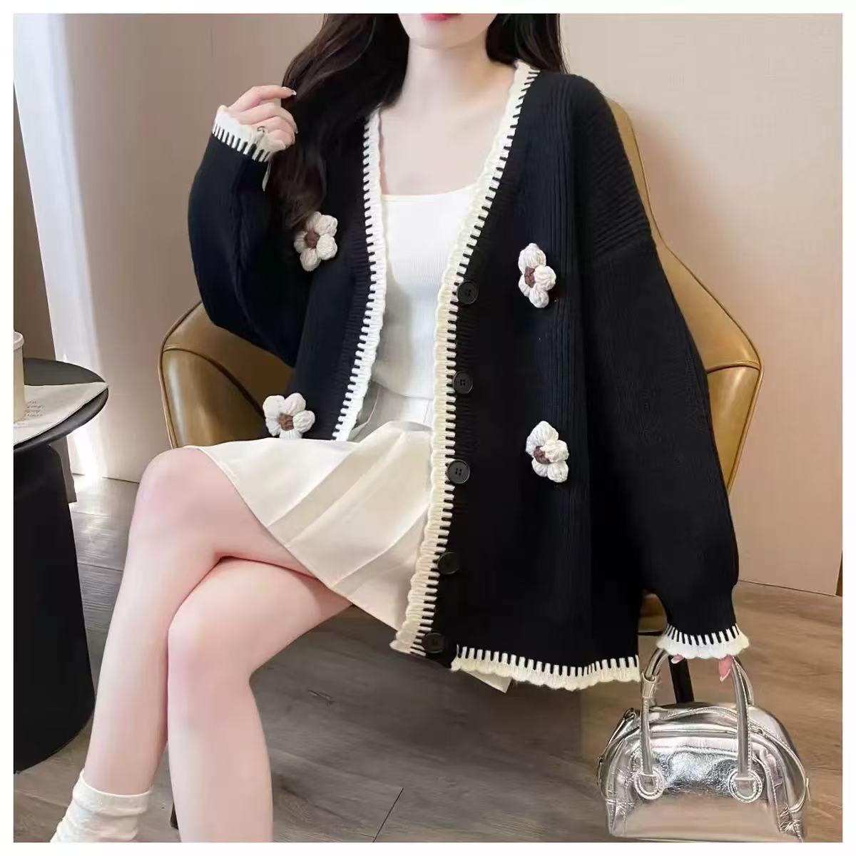 Spring And Autumn Outer Wear Coat Idle Style Design Knitted Top