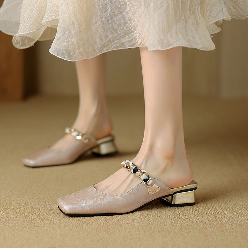 Low Heel Square Head 32-43 National Style Metal Chain Outdoor Slippers