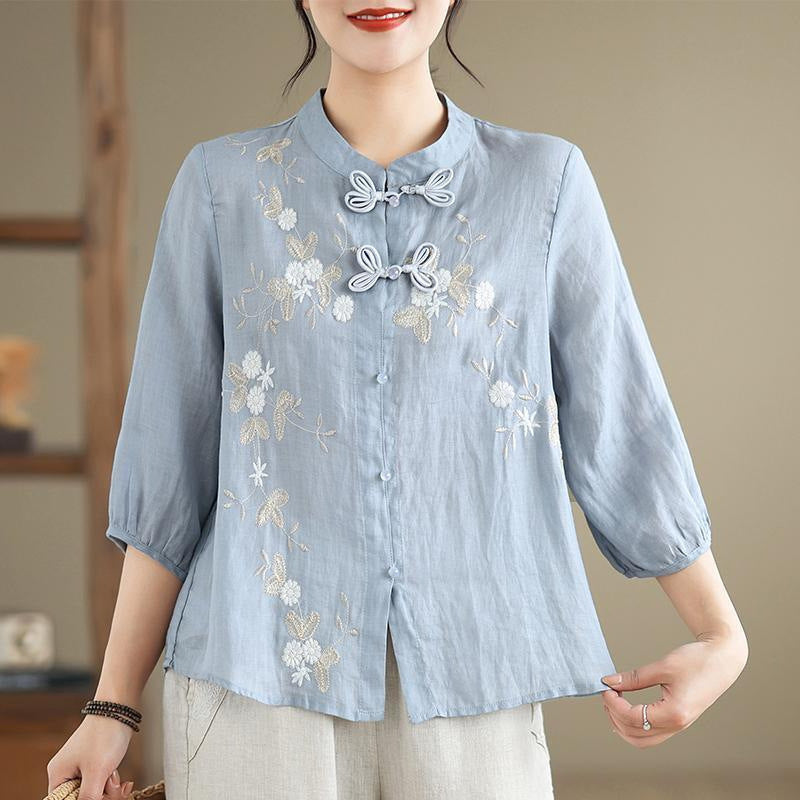 Women's Three-quarter Sleeve Cotton And Linen Top
