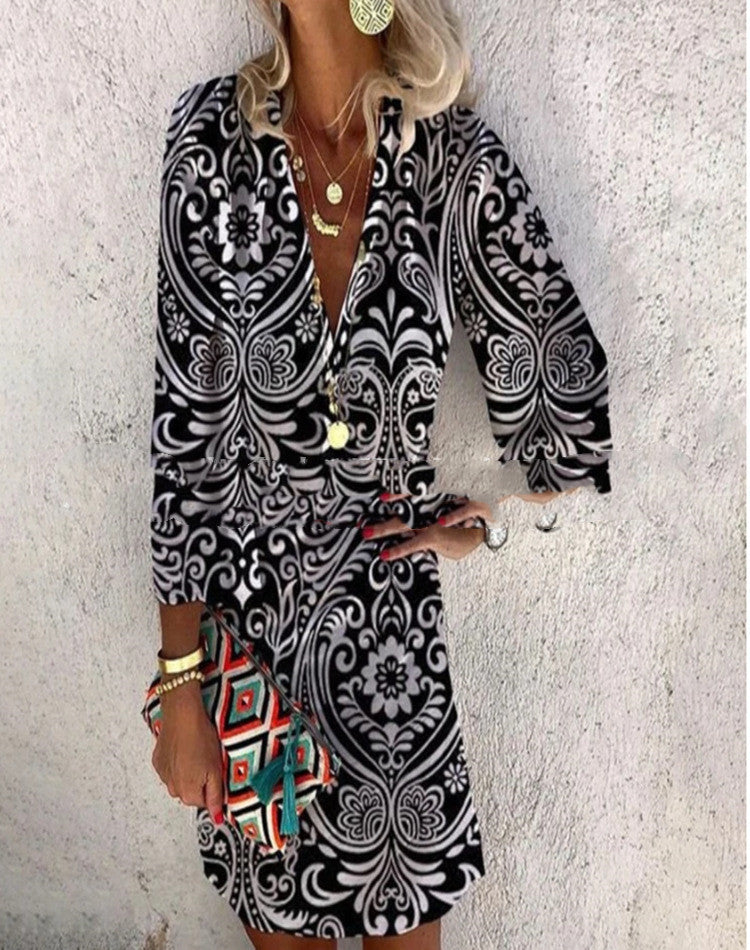 Summer New Printed V-neck Half Sleeves Loose Dress