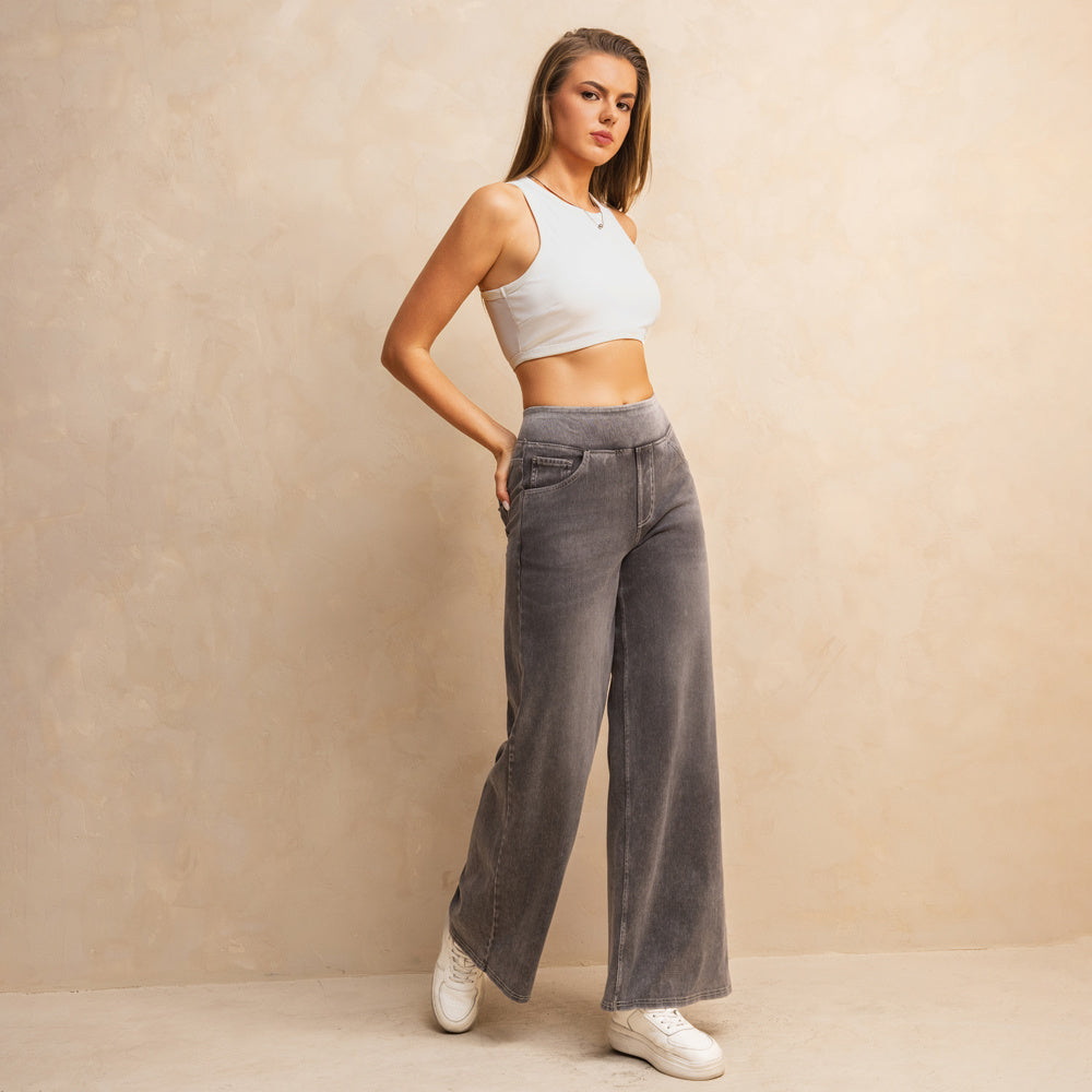 Shascullfites Full-Length Wide Leg Jeans Stretch Cotton Light Grey Wash Casual Pants With Multiple Pockets Baggy Fit