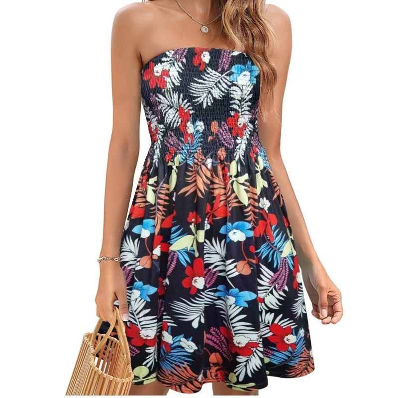 European And American Spring And Summer New Fashion Printed Beach Vacation Sexy Tube Top Dress