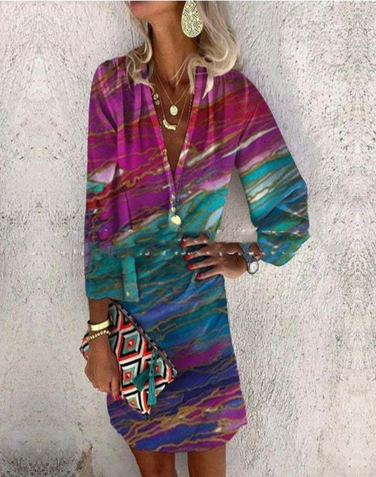 Summer New Printed V-neck Half Sleeves Loose Dress