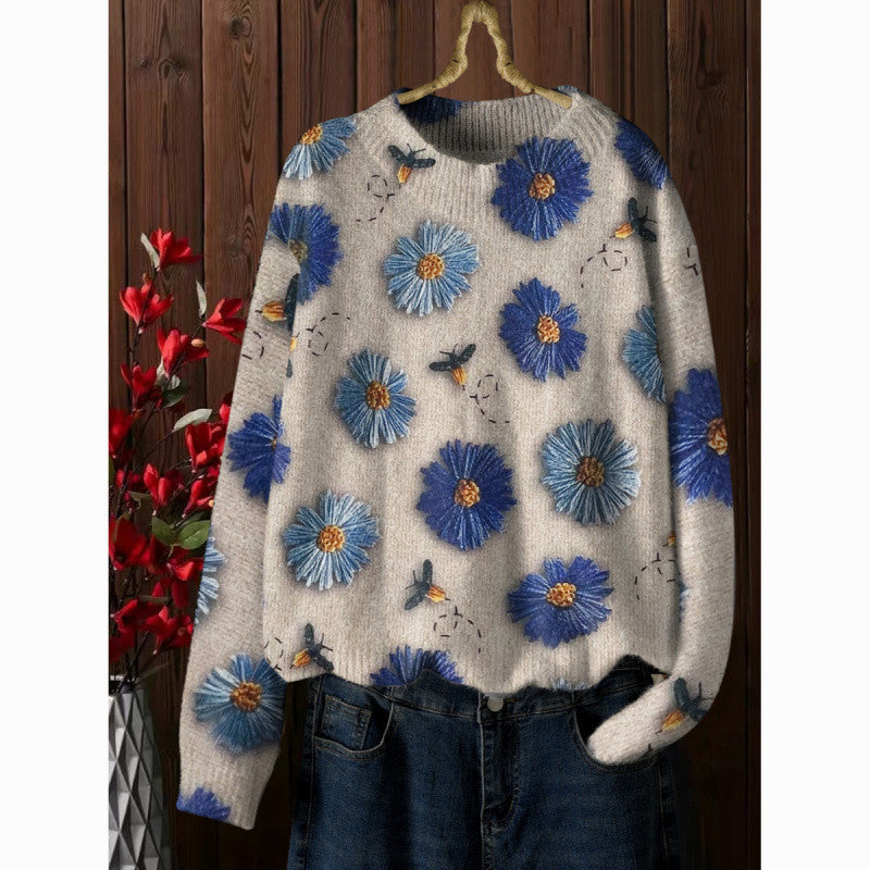 Western Style Beautiful Design Loose Slimming Printed Sweater Niche Fashion