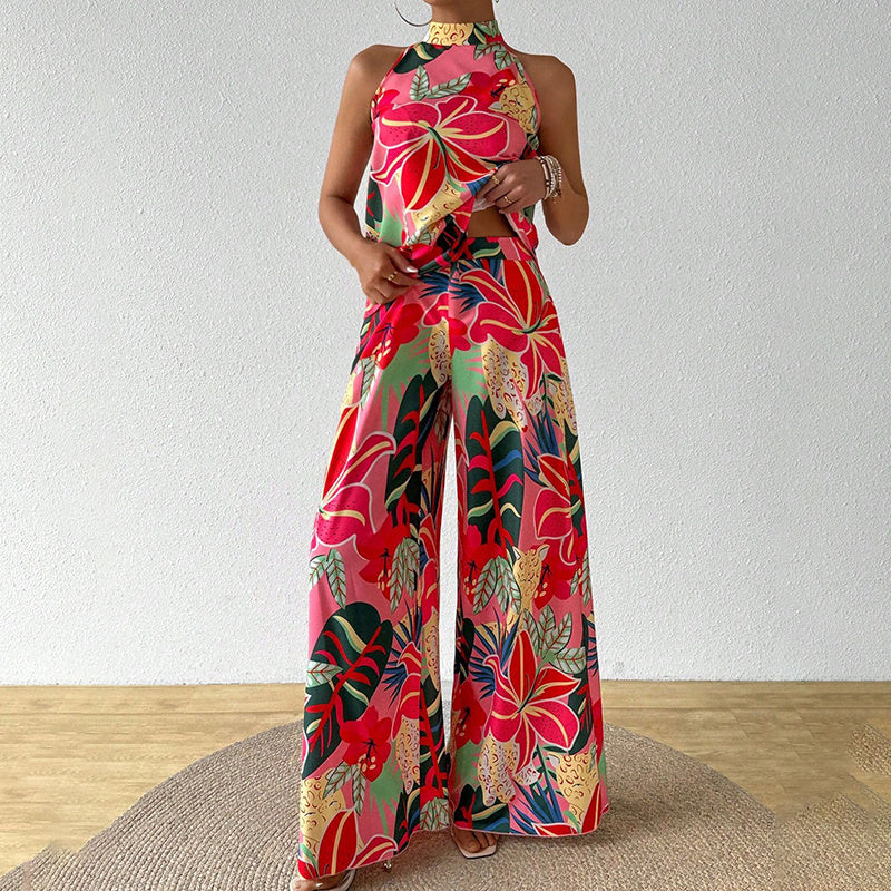 Women's Summer 2 Piece Outfits Floral Print Halter Neck Sleeveless Top Wide Leg Pants Set Jumpsuits