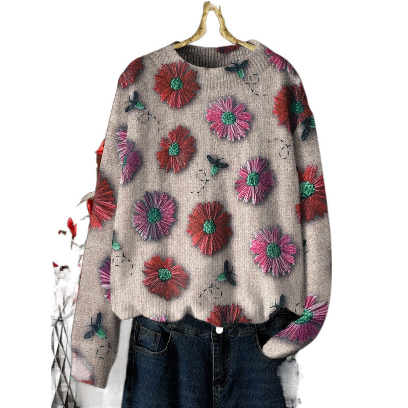 Western Style Beautiful Design Loose Slimming Printed Sweater Niche Fashion