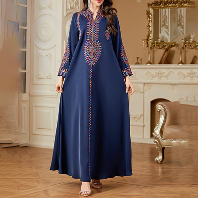Elegant Women's Long Sleeve Floor-Length Dress - Stand Collar With Geometric Print & Sequins Detail Dress For Casual&Party Wear