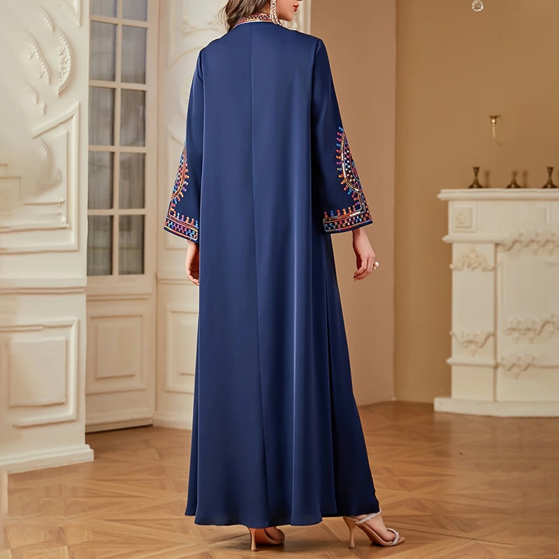 Elegant Women's Long Sleeve Floor-Length Dress - Stand Collar With Geometric Print & Sequins Detail Dress For Casual&Party Wear