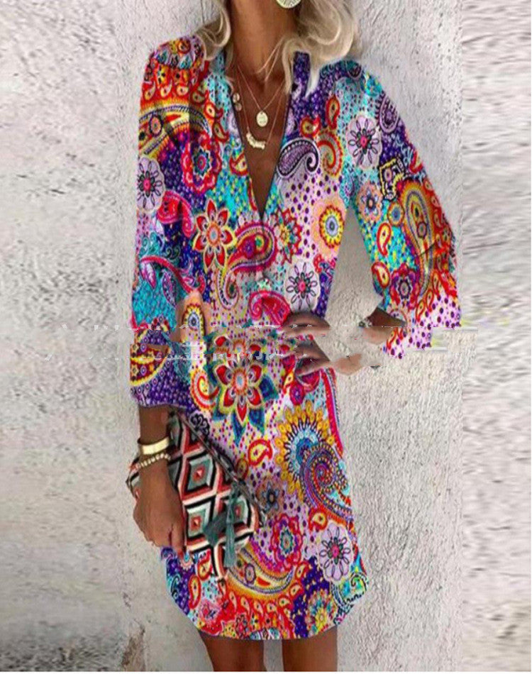 Summer New Printed V-neck Half Sleeves Loose Dress