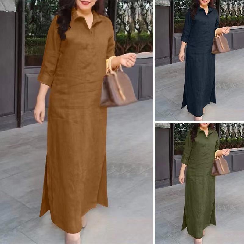 Solid Color Lapel Long Sleeve Simple Dress Women