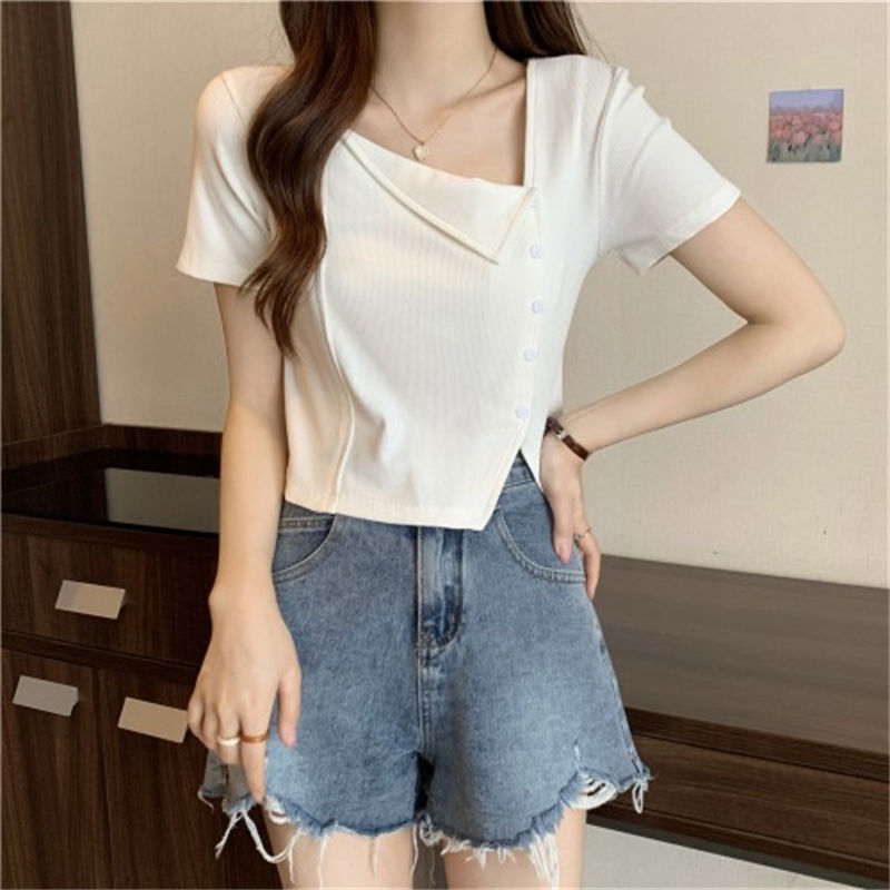 Women's Irregular Square Collar Split Shoulder T-shirt