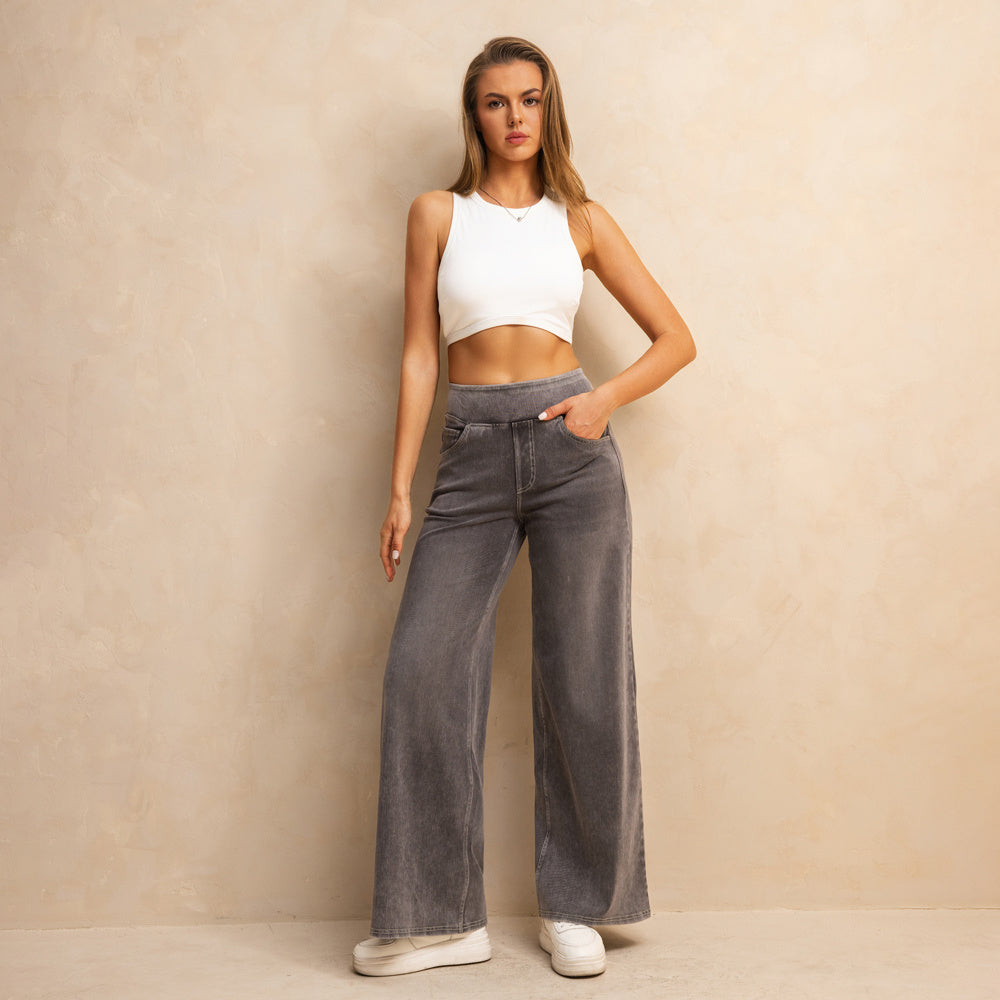 Shascullfites Full-Length Wide Leg Jeans Stretch Cotton Light Grey Wash Casual Pants With Multiple Pockets Baggy Fit